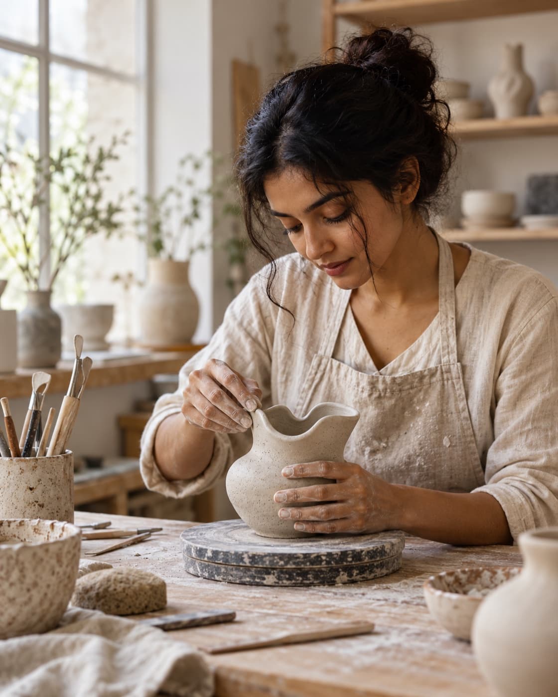 Ceramist shaping a vessel in a studio